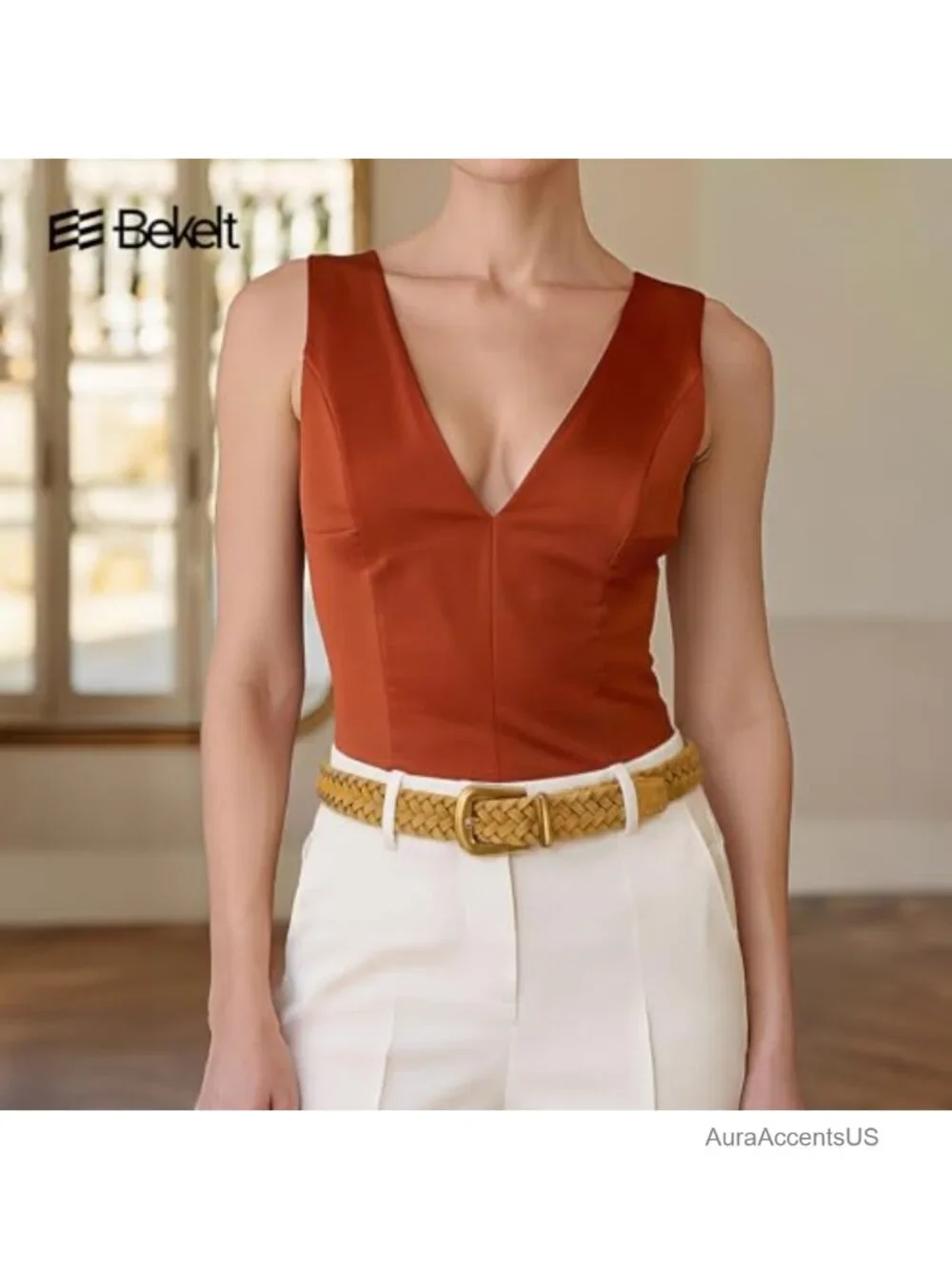 Braided Suede Belt with Matte Gold Buckle for Jeans Pants Dresses